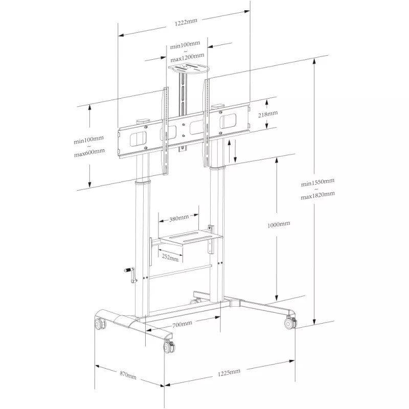 Multimedijos vežimėlis TECHLY ICA-TR230 juodas plokščiajam ekranui iki 110 colių, VESA 900x600, aukštis 1850 mm, apkrova 120 kg