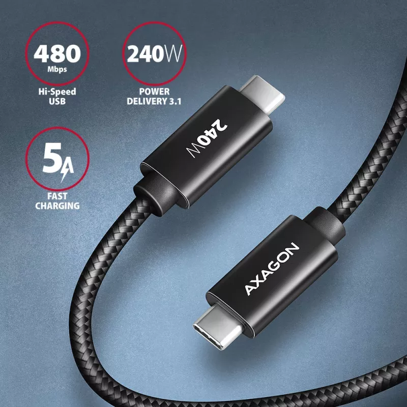 Axagon BUCM2-CM15AB Duomenų ir įkrovimo USB 480Mbps kabelis 1,5 m. PD 240W, 5A. Juodas pintas