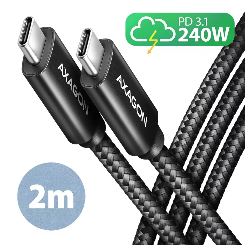 Axagon BUCM2-CM20AB Duomenų ir įkrovimo USB 480Mbps kabelis 2 m. PD 240W, 5A. Juodas pintas