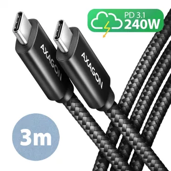 Axagon BUCM2-CM30AB Duomenų ir įkrovimo USB 480Mbps kabelis 3 m. PD 240W, 5A. Juodas pintas