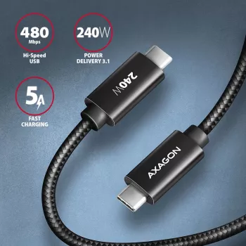Axagon BUCM2-CM30AB Duomenų ir įkrovimo USB 480Mbps kabelis 3 m. PD 240W, 5A. Juodas pintas