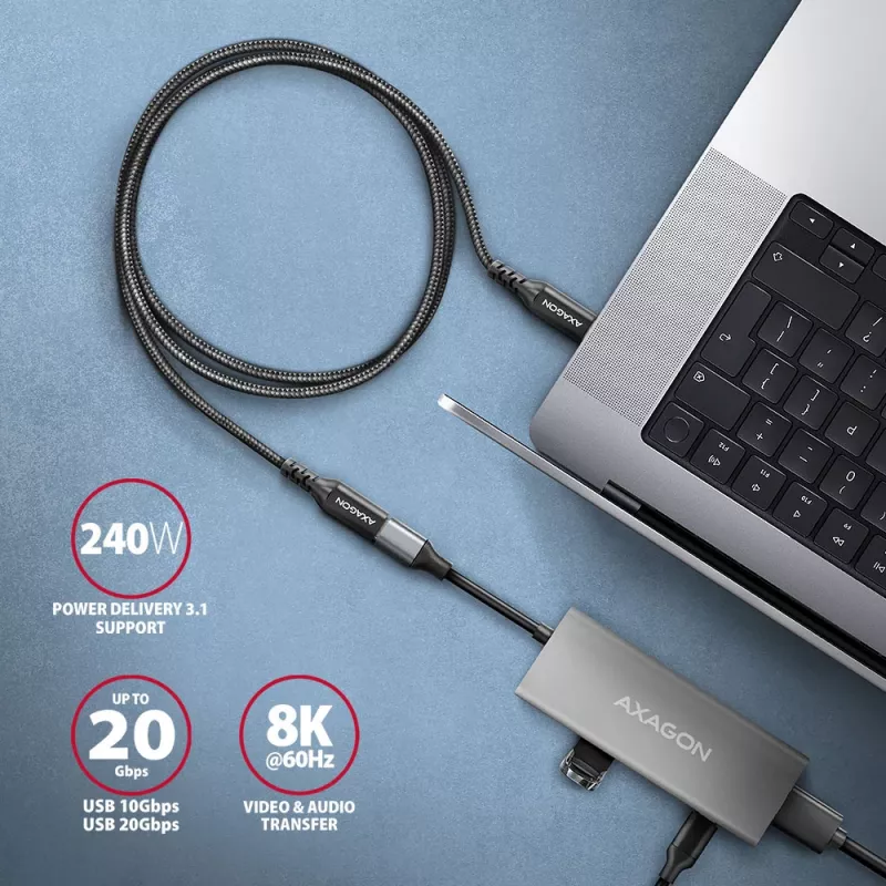 Axagon BUCM32-CF05AB SPEED+ USB-C USB 20Gbps ilginimo kabelis 0,5 m