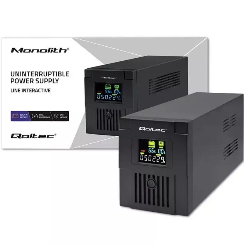 Nepertraukiamo maitinimo šaltinis QOLTEC 53770, Line-Interactive UPS 1,5 kVA (900 W), 2 C13 lizdai, AVR, LCD, USB Type-B
