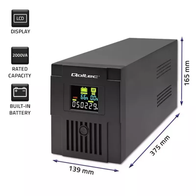 Nepertraukiamo maitinimo šaltinis Qoltec 53771 2 kVA 1200 W 2 AC lizdai