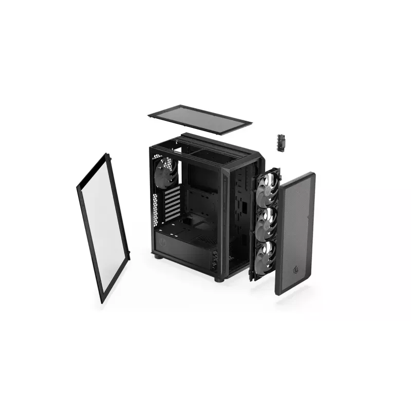 PC korpusas ENDORFY Arx 500 ARGB ATX juodas — grūdintas stiklas, ARGB, ATX, maks. GPU 350 mm, CPU aušintuvo aukštis 179 mm, 7 išplėtimo lizdai