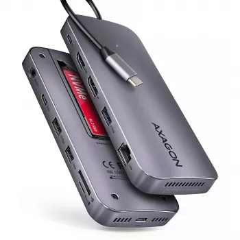 Axagon HMC-12GM2, USB 10Gbps šakotuvas, 3x USB-A, USB-C, HDMI, DP, RJ-45, M.2, SD/mSD, garsas, PD