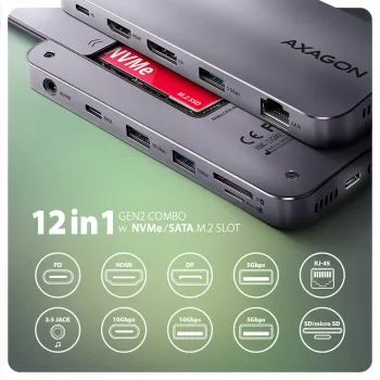 Axagon HMC-12GM2, USB 10Gbps šakotuvas, 3x USB-A, USB-C, HDMI, DP, RJ-45, M.2, SD/mSD, garsas, PD