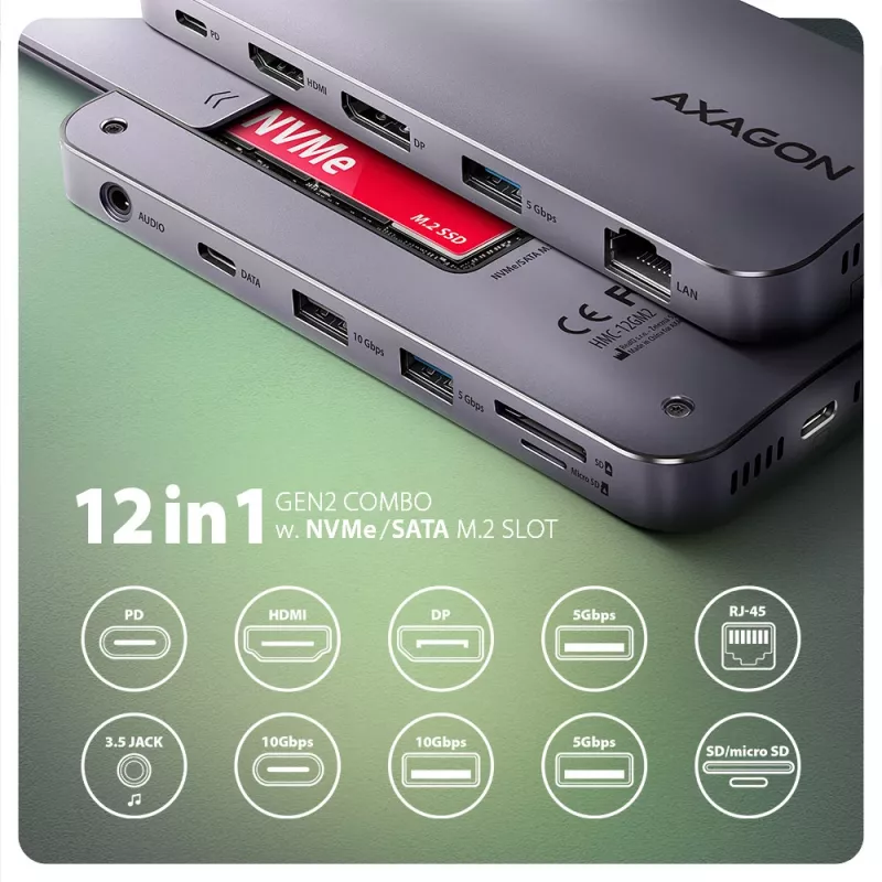 Axagon HMC-12GM2, USB 10Gbps šakotuvas, 3x USB-A, USB-C, HDMI, DP, RJ-45, M.2, SD/mSD, garsas, PD