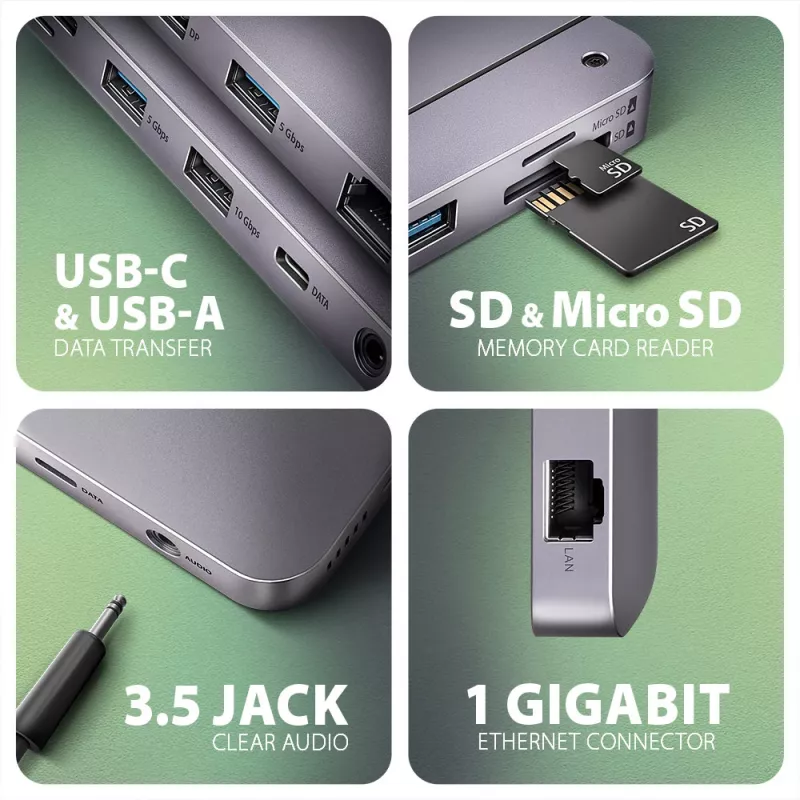Axagon HMC-12GM2, USB 10Gbps šakotuvas, 3x USB-A, USB-C, HDMI, DP, RJ-45, M.2, SD/mSD, garsas, PD