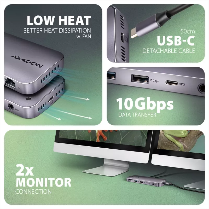 Axagon HMC-12GM2, USB 10Gbps šakotuvas, 3x USB-A, USB-C, HDMI, DP, RJ-45, M.2, SD/mSD, garsas, PD