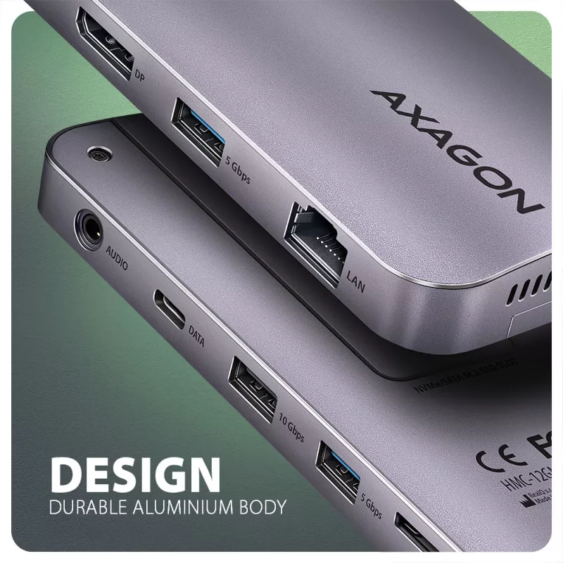 Axagon HMC-12GM2, USB 10Gbps šakotuvas, 3x USB-A, USB-C, HDMI, DP, RJ-45, M.2, SD/mSD, garsas, PD