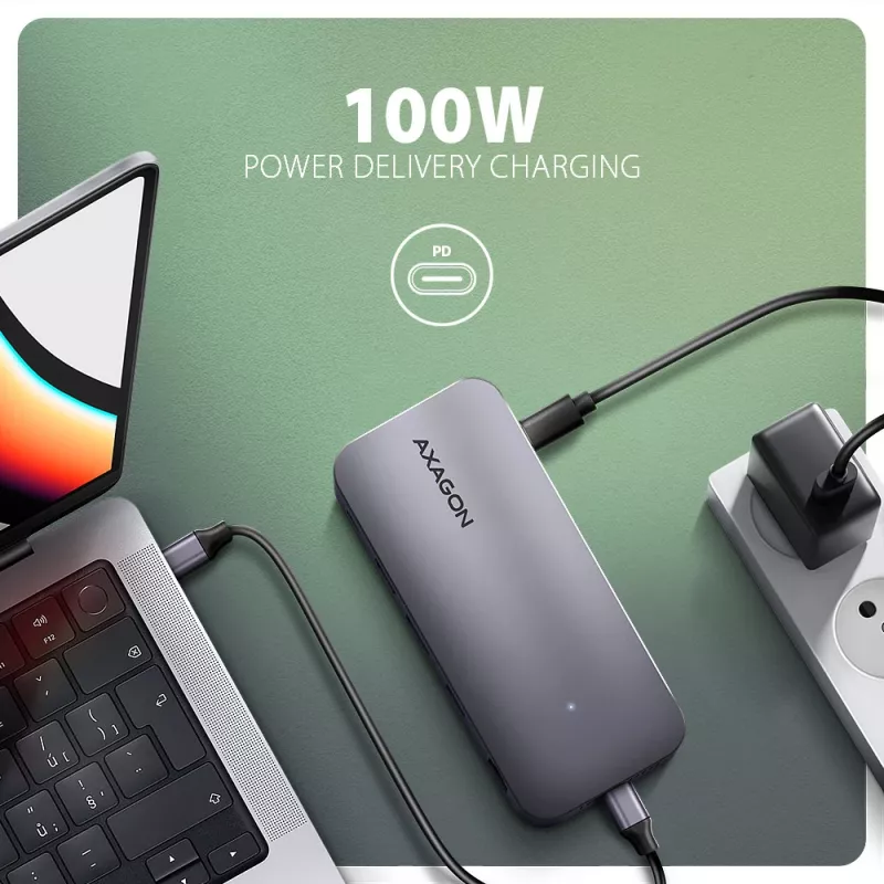 Axagon HMC-12GM2, USB 10Gbps šakotuvas, 3x USB-A, USB-C, HDMI, DP, RJ-45, M.2, SD/mSD, garsas, PD