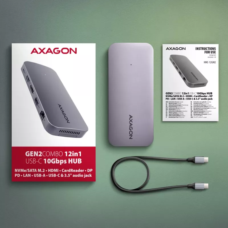 Axagon HMC-12GM2, USB 10Gbps šakotuvas, 3x USB-A, USB-C, HDMI, DP, RJ-45, M.2, SD/mSD, garsas, PD