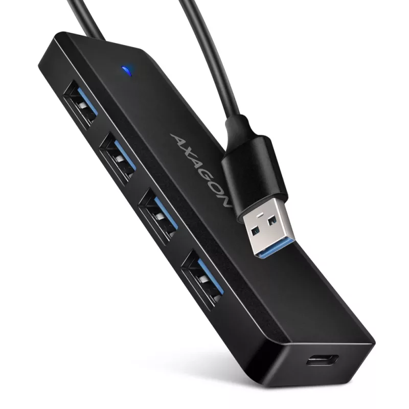 Axagon HUE-C1A 4x USB 5Gbps TRAVEL hub, USB-C maitinimo įvadas, 19 cm USB-A kabelis