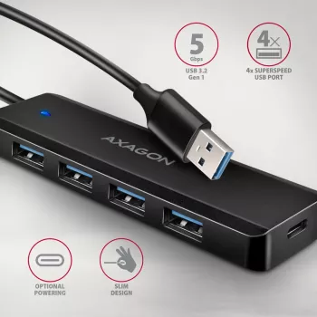 Axagon HUE-C1A 4x USB 5Gbps TRAVEL hub, USB-C maitinimo įvadas, 19 cm USB-A kabelis
