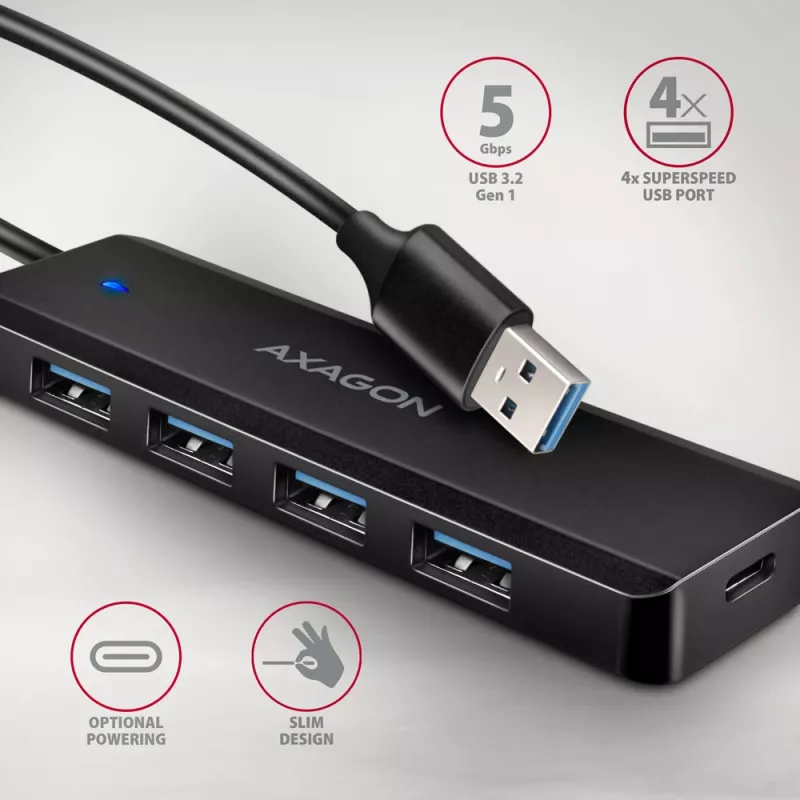 Axagon HUE-C1A 4x USB 5Gbps TRAVEL hub, USB-C maitinimo įvadas, 19 cm USB-A kabelis