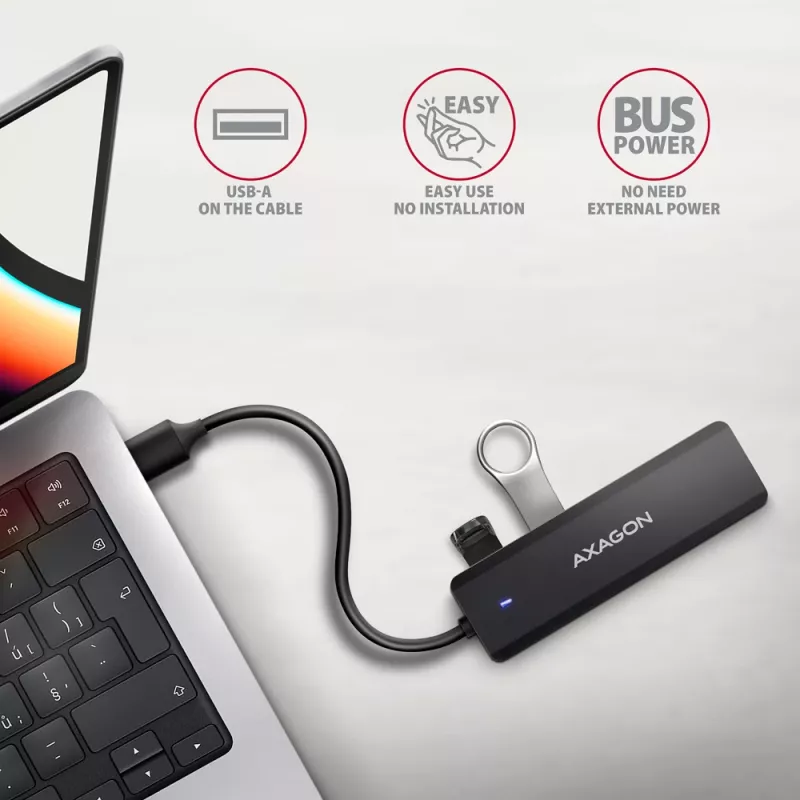 Axagon HUE-C1A 4x USB 5Gbps TRAVEL hub, USB-C maitinimo įvadas, 19 cm USB-A kabelis