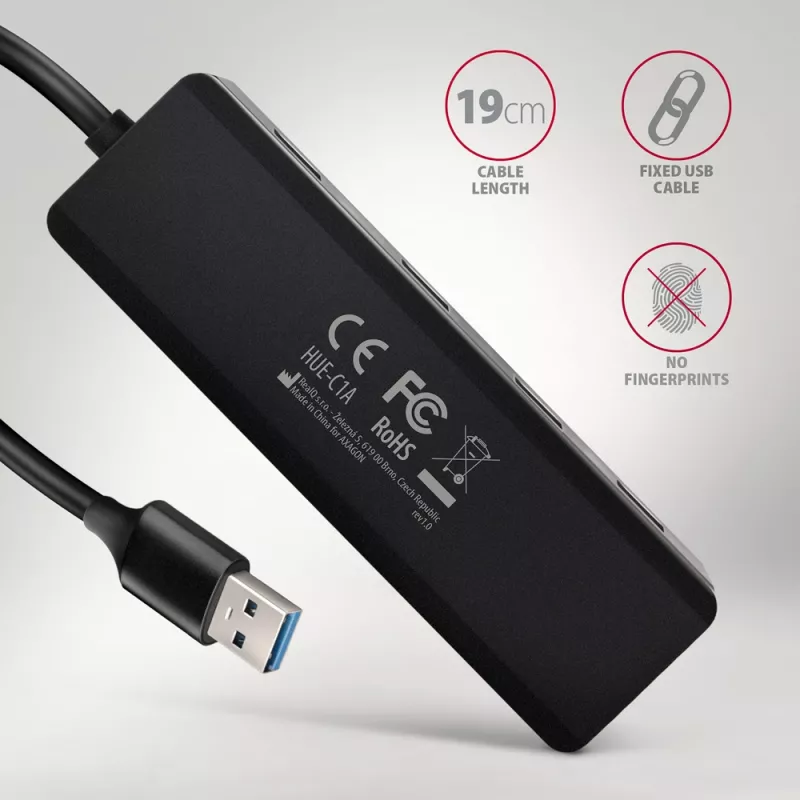 Axagon HUE-C1A 4x USB 5Gbps TRAVEL hub, USB-C maitinimo įvadas, 19 cm USB-A kabelis