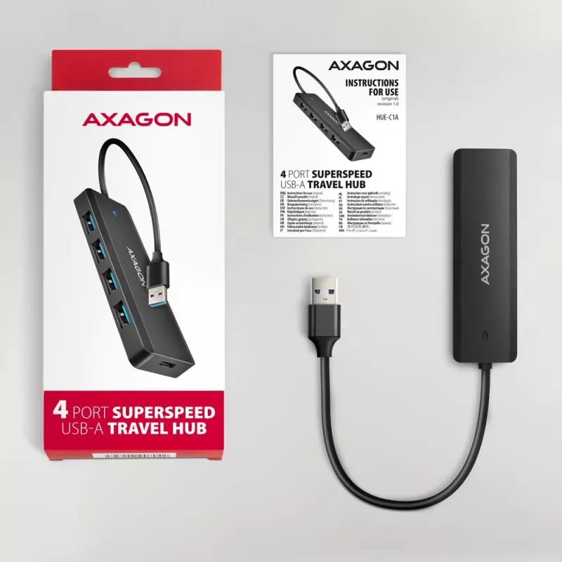Axagon HUE-C1A 4x USB 5Gbps TRAVEL hub, USB-C maitinimo įvadas, 19 cm USB-A kabelis
