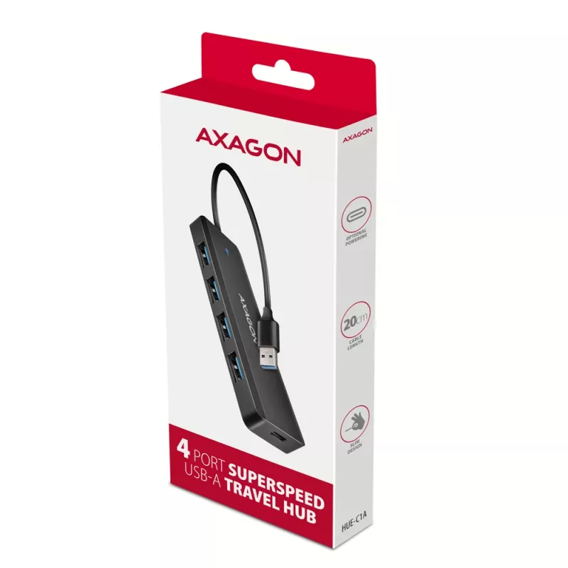 Axagon HUE-C1A 4x USB 5Gbps TRAVEL hub, USB-C maitinimo įvadas, 19 cm USB-A kabelis