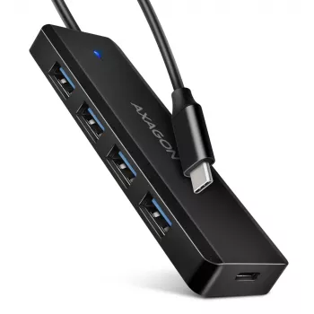 Axagon HUE-C1C 4x USB 5Gbps TRAVEL hub, USB-C maitinimo įvadas, 19 cm USB-C laidas