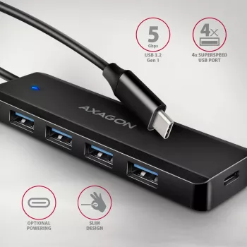 Axagon HUE-C1C 4x USB 5Gbps TRAVEL hub, USB-C maitinimo įvadas, 19 cm USB-C laidas