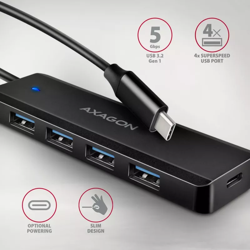 Axagon HUE-C1C 4x USB 5Gbps TRAVEL hub, USB-C maitinimo įvadas, 19 cm USB-C laidas