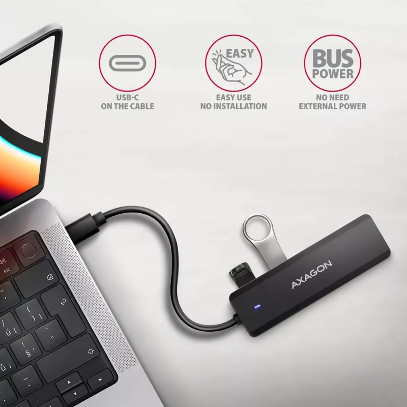 Axagon HUE-C1C 4x USB 5Gbps TRAVEL hub, USB-C maitinimo įvadas, 19 cm USB-C laidas