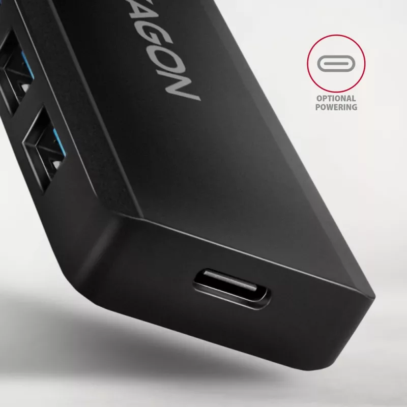 Axagon HUE-C1C 4x USB 5Gbps TRAVEL hub, USB-C maitinimo įvadas, 19 cm USB-C laidas