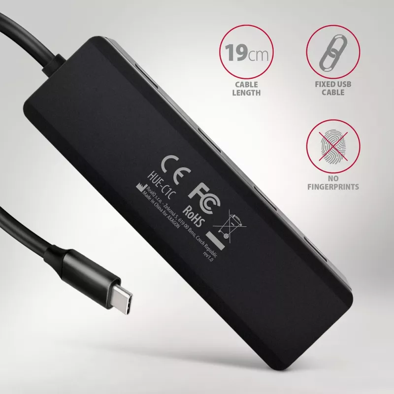 Axagon HUE-C1C 4x USB 5Gbps TRAVEL hub, USB-C maitinimo įvadas, 19 cm USB-C laidas