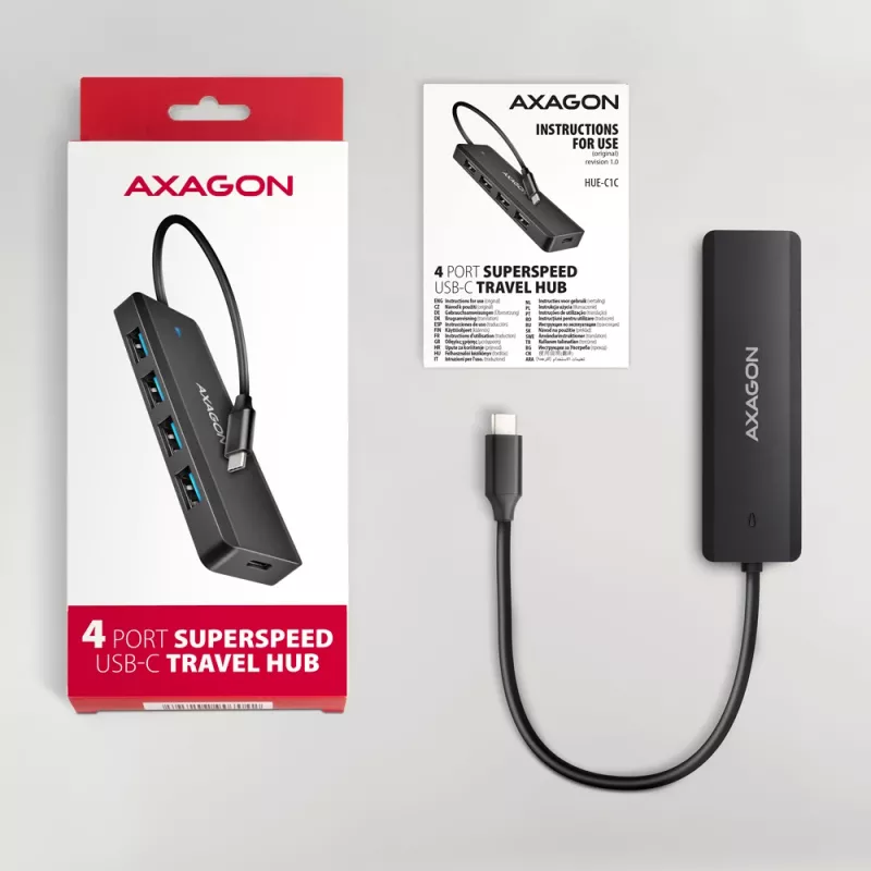 Axagon HUE-C1C 4x USB 5Gbps TRAVEL hub, USB-C maitinimo įvadas, 19 cm USB-C laidas