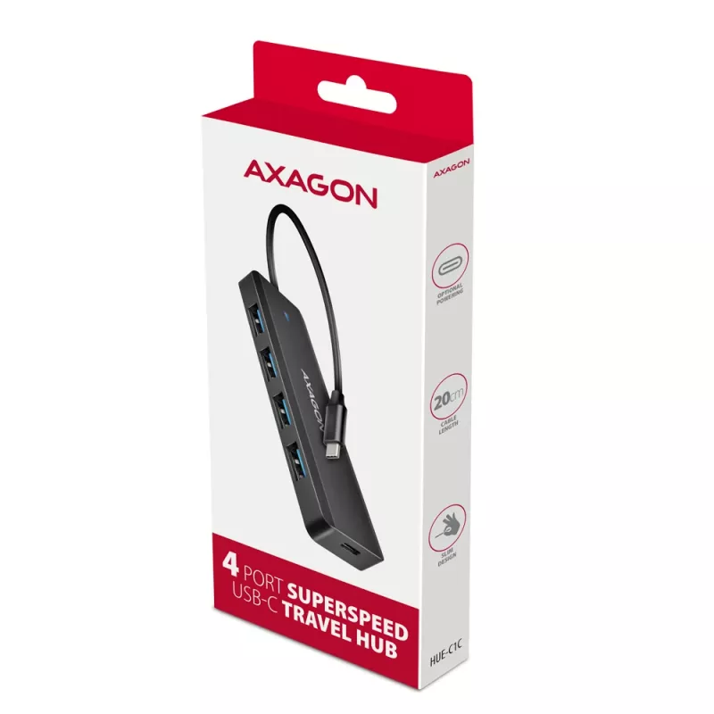 Axagon HUE-C1C 4x USB 5Gbps TRAVEL hub, USB-C maitinimo įvadas, 19 cm USB-C laidas