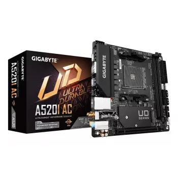 GIGABYTE A520I AC pagrindinė plokštė – palaiko AMD Ryzen 5000 serijos AM4 procesorius, 6 fazių skaitmeninis VRM, iki 5300MHz DDR4 (OC), 1xPCIe 3.0 M.2, WIFI, GbE LAN, USB 3.2 Gen1