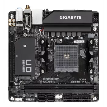 GIGABYTE A520I AC pagrindinė plokštė – palaiko AMD Ryzen 5000 serijos AM4 procesorius, 6 fazių skaitmeninis VRM, iki 5300MHz DDR4 (OC), 1xPCIe 3.0 M.2, WIFI, GbE LAN, USB 3.2 Gen1