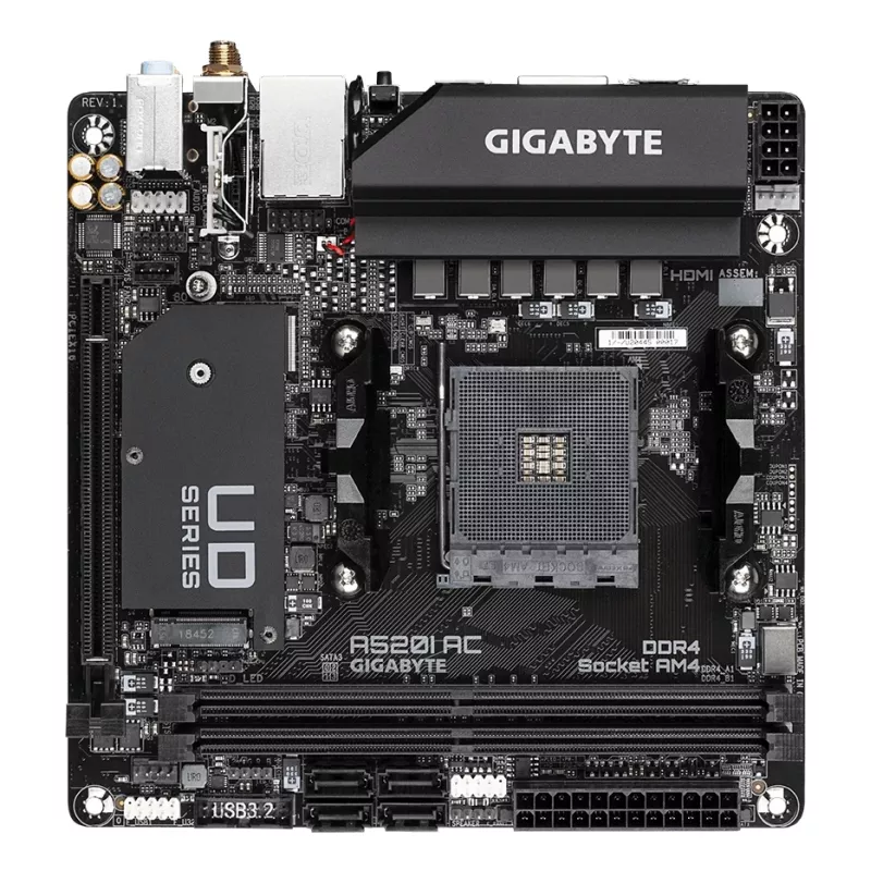 GIGABYTE A520I AC pagrindinė plokštė – palaiko AMD Ryzen 5000 serijos AM4 procesorius, 6 fazių skaitmeninis VRM, iki 5300MHz DDR4 (OC), 1xPCIe 3.0 M.2, WIFI, GbE LAN, USB 3.2 Gen1