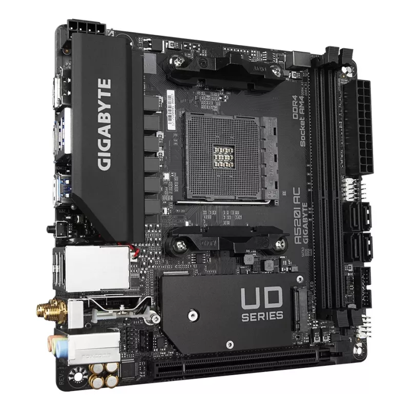 GIGABYTE A520I AC pagrindinė plokštė – palaiko AMD Ryzen 5000 serijos AM4 procesorius, 6 fazių skaitmeninis VRM, iki 5300MHz DDR4 (OC), 1xPCIe 3.0 M.2, WIFI, GbE LAN, USB 3.2 Gen1