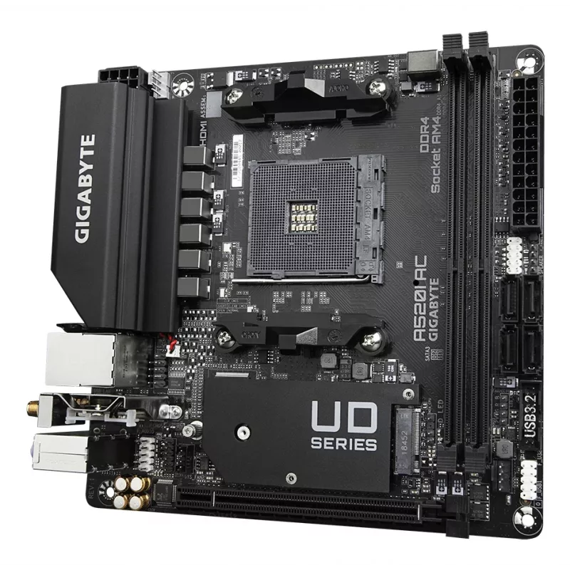 GIGABYTE A520I AC pagrindinė plokštė – palaiko AMD Ryzen 5000 serijos AM4 procesorius, 6 fazių skaitmeninis VRM, iki 5300MHz DDR4 (OC), 1xPCIe 3.0 M.2, WIFI, GbE LAN, USB 3.2 Gen1