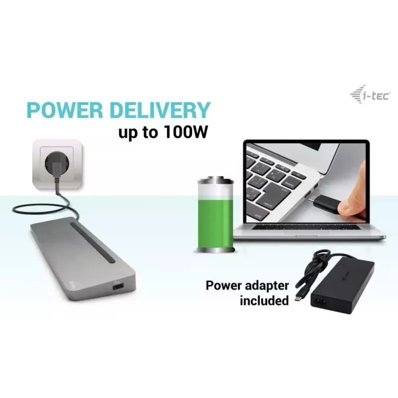 i-tec USB-C Metal Ergonomic 3x 4K Display Docking Station su Power Delivery 100 W ir universaliu įkrovikliu 100 W