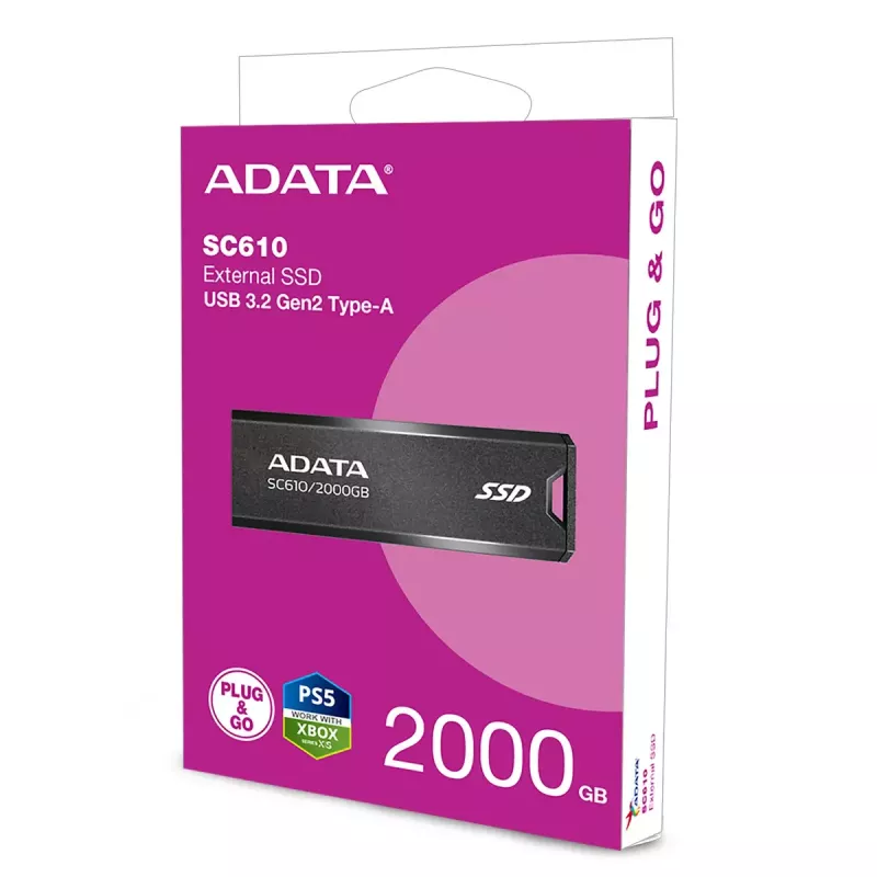 ADATA SC610 USB atmintinė 2 TB įmautė USB Type-A 3.2 Gen 2, 550 MB/s skaitymo, 500 MB/s rašymo, juoda