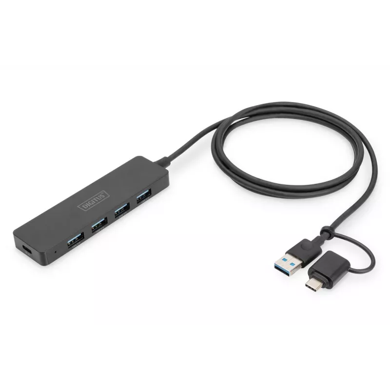 DIGITUS USB 3.0 Hub 4-Port Slimline with USB-C Adapter 5Gbps 1m kabelis