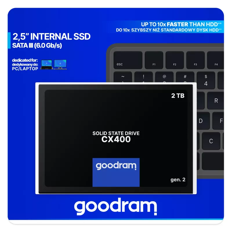 2,5 col. SATA III SSD GOODRAM CX400 2,05 TB (2048 GB) 3D NAND, skaitymas 550 MB/s, rašymas 500 MB/s, TBW 720, MTBF 2 000 000 val.