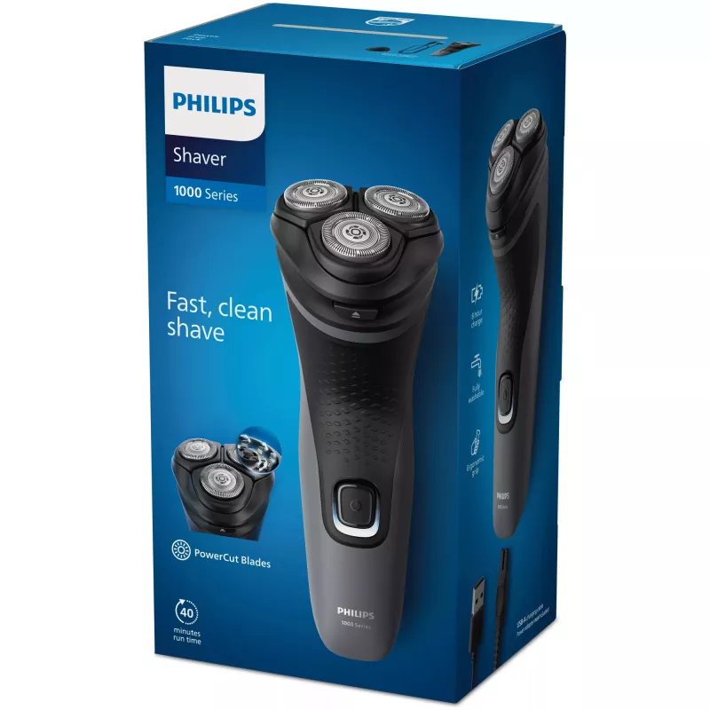 Philips Shaver 1000 Series S1142/00 Elektrinis skustuvas, Rotacinis skustuvas, Juoda, Pilka, PowerCut peiliukų sistema, SH30, 2 metai, Baterija