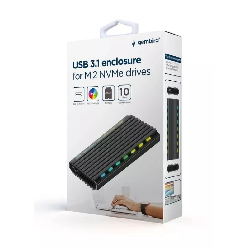 SSD korpusas GEMBIRD EE2280-U3C-03 Juodas vienam M.2 diskui, USB 3.2 Gen 2 (10 Gbit/s), USB Type-C, aliuminis