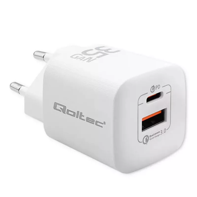 QOLTEC Charger 50763 — Indoor AC Fast Charger 35W, USB-C PD 3.0 + USB-A, 5–20V, White