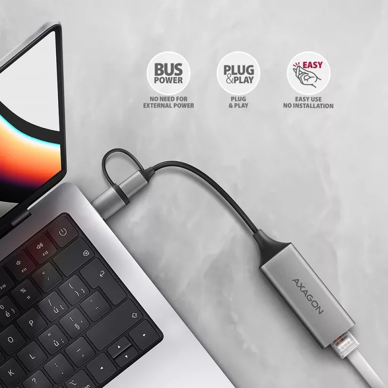 Axagon ADE-TXCA USB-C + USB-A 3.2 Gen 1 – Gigabit Ethernet adapteris, Asix AX88179