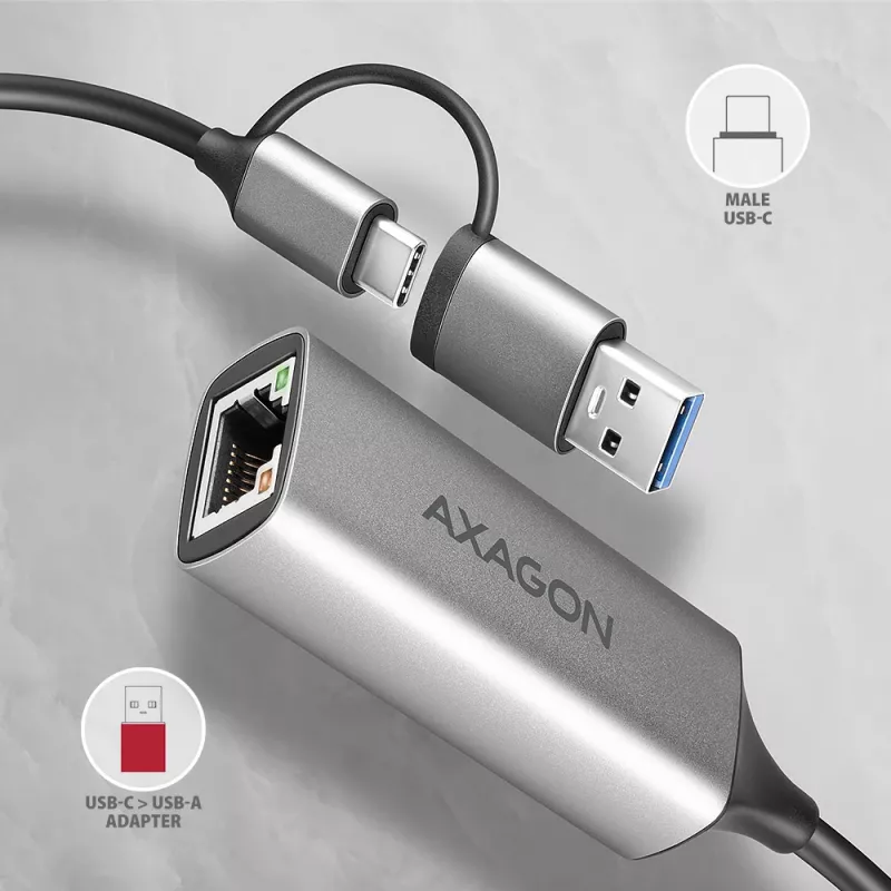 Axagon ADE-TXCA USB-C + USB-A 3.2 Gen 1 – Gigabit Ethernet adapteris, Asix AX88179