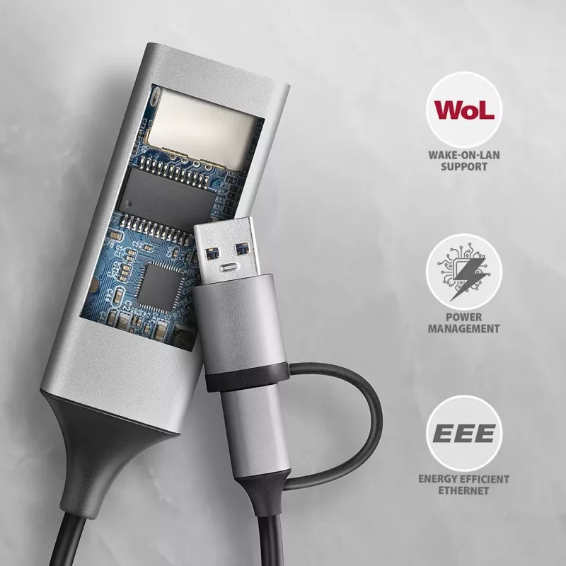 Axagon ADE-TXCA USB-C + USB-A 3.2 Gen 1 – Gigabit Ethernet adapteris, Asix AX88179