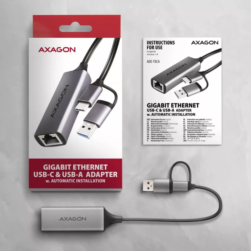 Axagon ADE-TXCA USB-C + USB-A 3.2 Gen 1 – Gigabit Ethernet adapteris, Asix AX88179