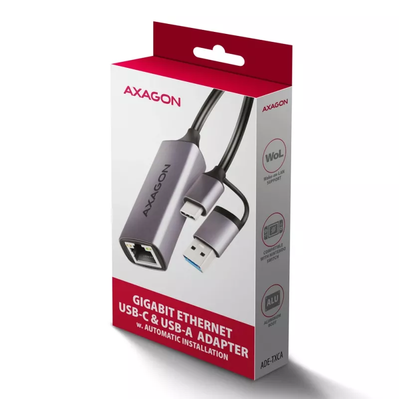 Axagon ADE-TXCA USB-C + USB-A 3.2 Gen 1 – Gigabit Ethernet adapteris, Asix AX88179