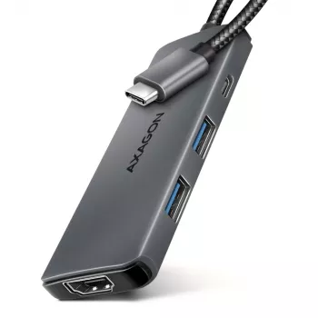 Axagon HMC-5H8K USB 5Gbps šakotuvas 2x USB-A USB-C HDMI 8k/30Hz PD 100W kabelis USB-C laidinis USB 3.2 Gen 1 (3.1 Gen 1) Type-C pilkas